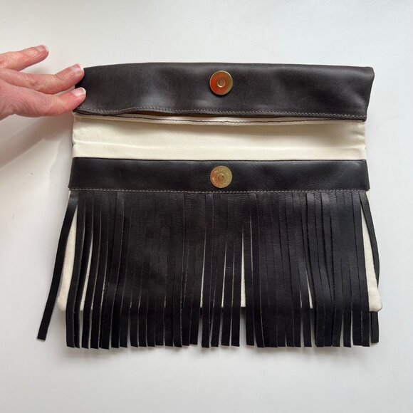 New! Sseko Leather Fringe and Canvas Foldover Clutch Bag - Picture 3 of 7